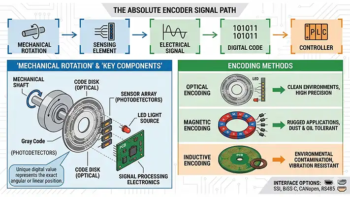 Figure 10: the absolute encoder signal path—optical, magnetic and inductive encoding